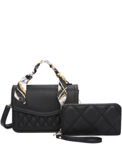 Scarf Top Handle Quilted 2 in 1 Satchel LF369S2 BLACK